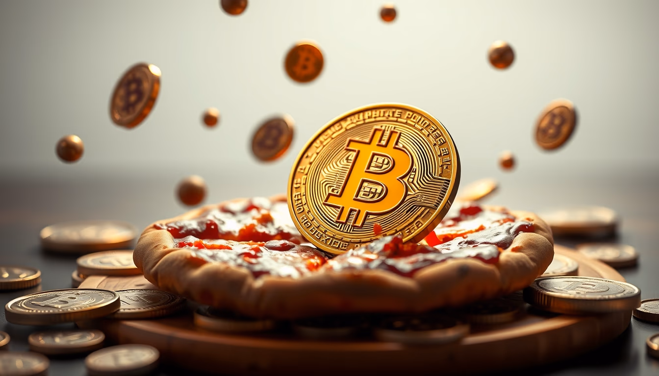 bitcoin pizza concept floating coins in editorial style
