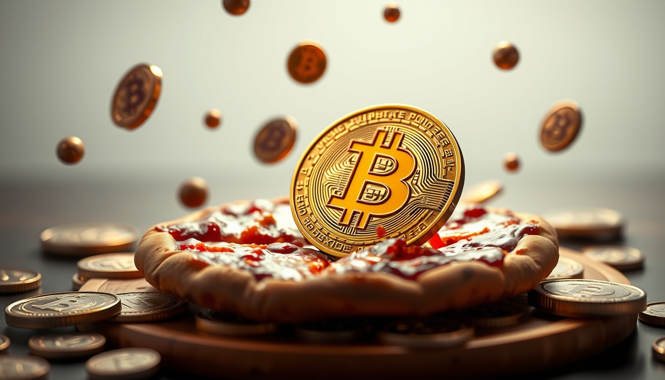 bitcoin pizza concept floating coins in editorial style