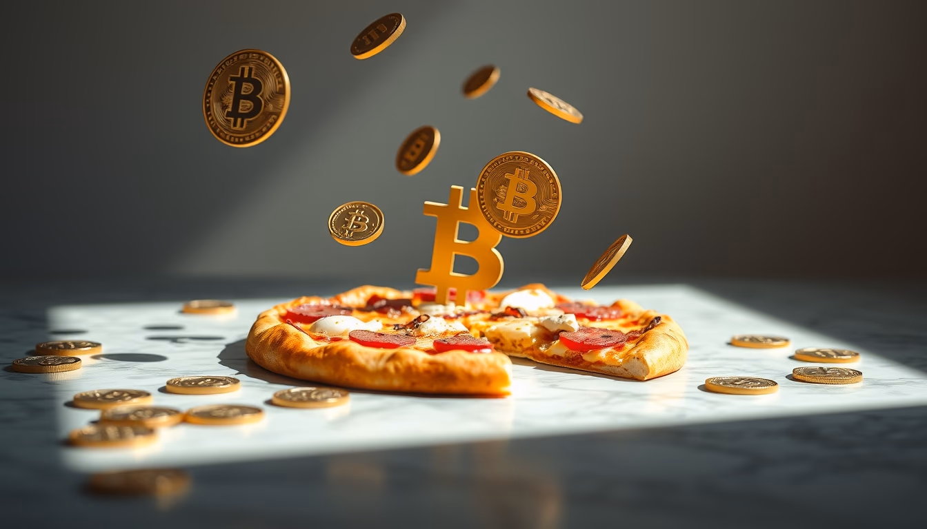 Bitcoin pizza concept floating coins em estilo editorial
