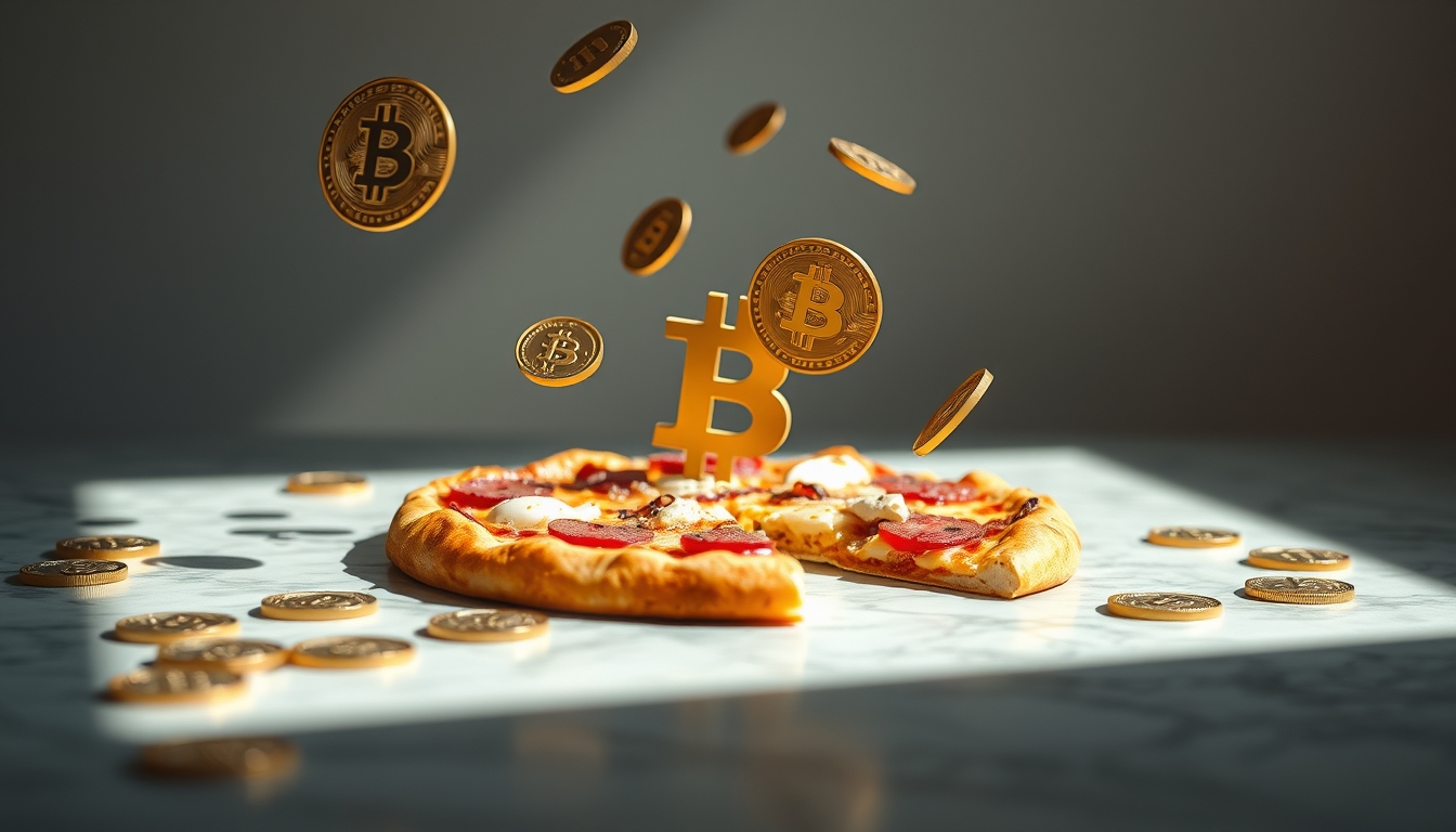 bitcoin pizza concept floating coins in editorial style