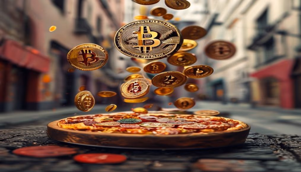 bitcoin pizza concept floating coins in editorial style