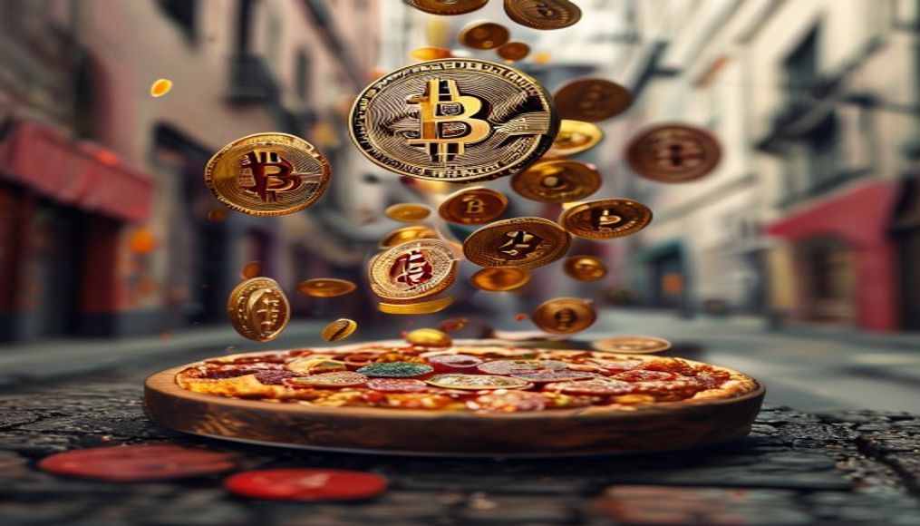 bitcoin pizza concept floating coins in editorial style