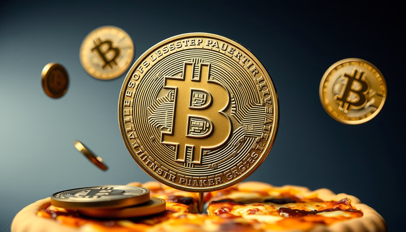 Bitcoin pizza concept floating coins em estilo editorial