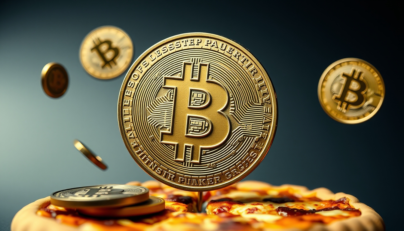 bitcoin pizza concept floating coins in editorial style