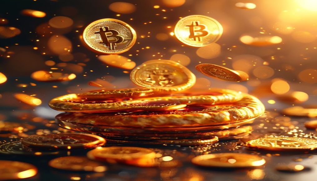 bitcoin pizza concept floating coins in editorial style