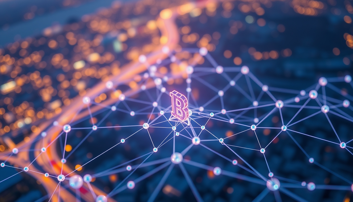 blockchain network visualization 3D nodes in editorial style