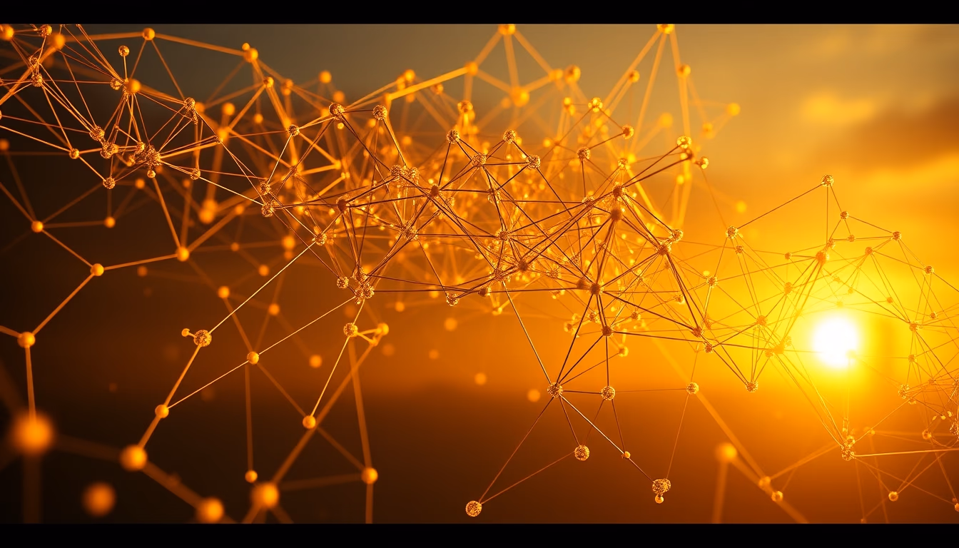 blockchain network visualization 3D nodes in editorial style