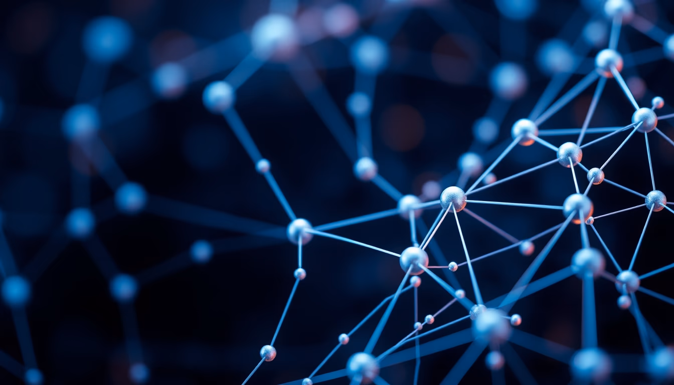 Rede blockchain visualization 3D nodes em estilo editorial