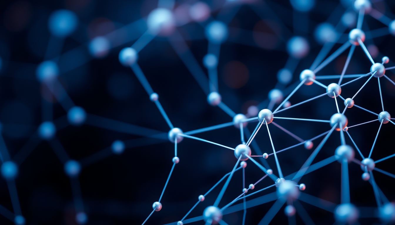 blockchain network visualization 3D nodes in editorial style