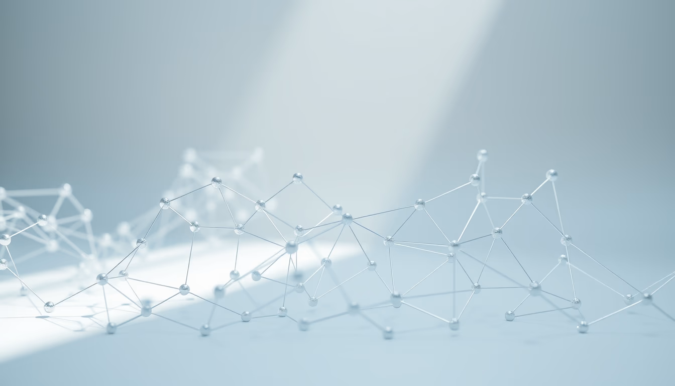 Rede blockchain visualization 3D nodes em estilo editorial