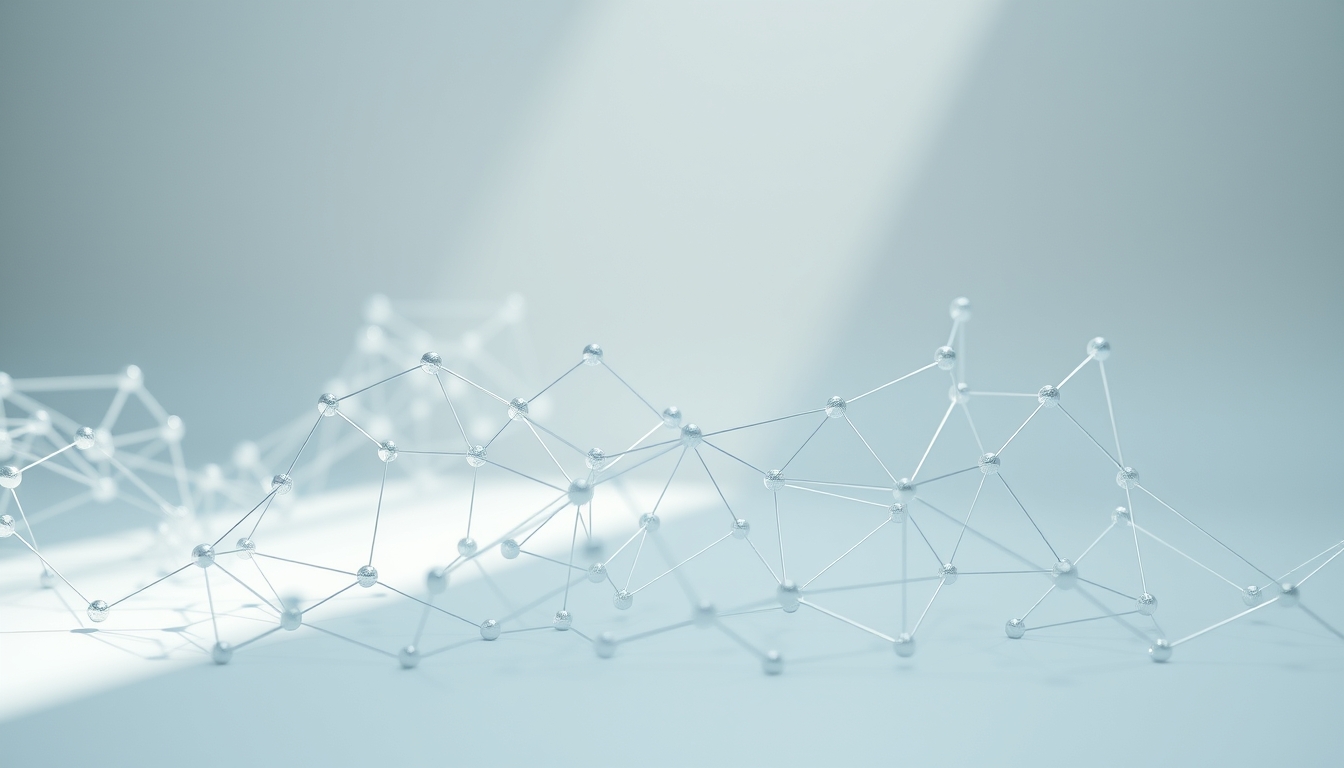 blockchain network visualization 3D nodes in editorial style