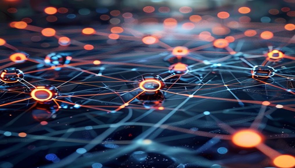 blockchain network visualization 3D nodes in editorial style