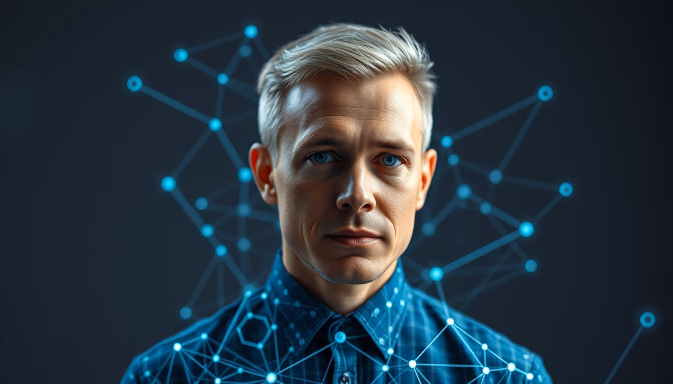 Rede blockchain visualization 3D nodes em estilo editorial