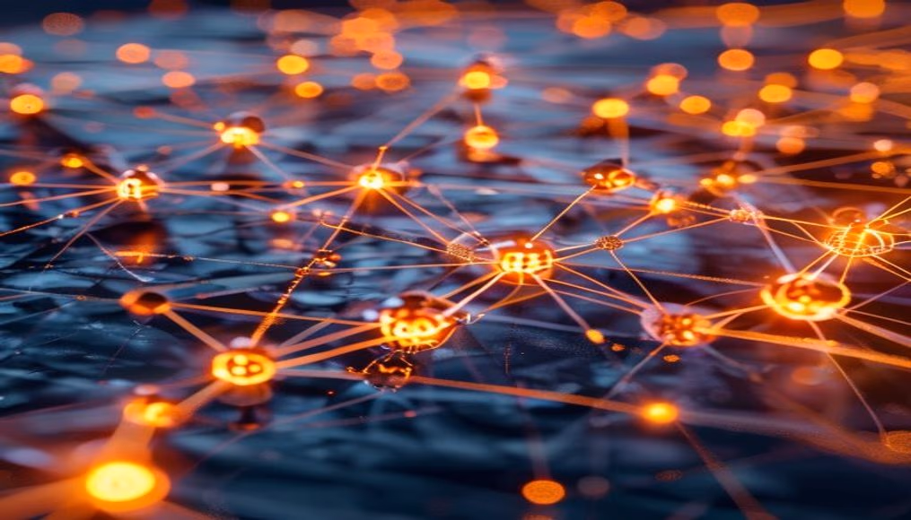 blockchain network visualization 3D nodes in editorial style