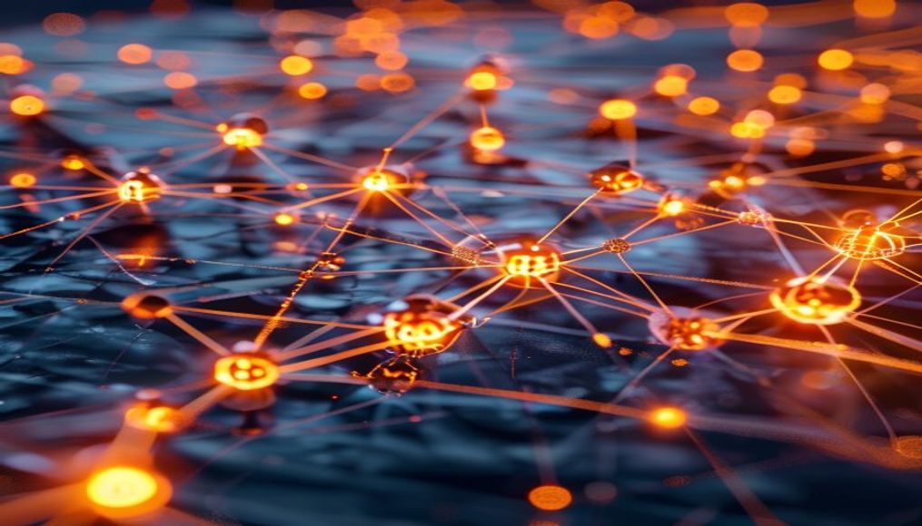 blockchain network visualization 3D nodes in editorial style