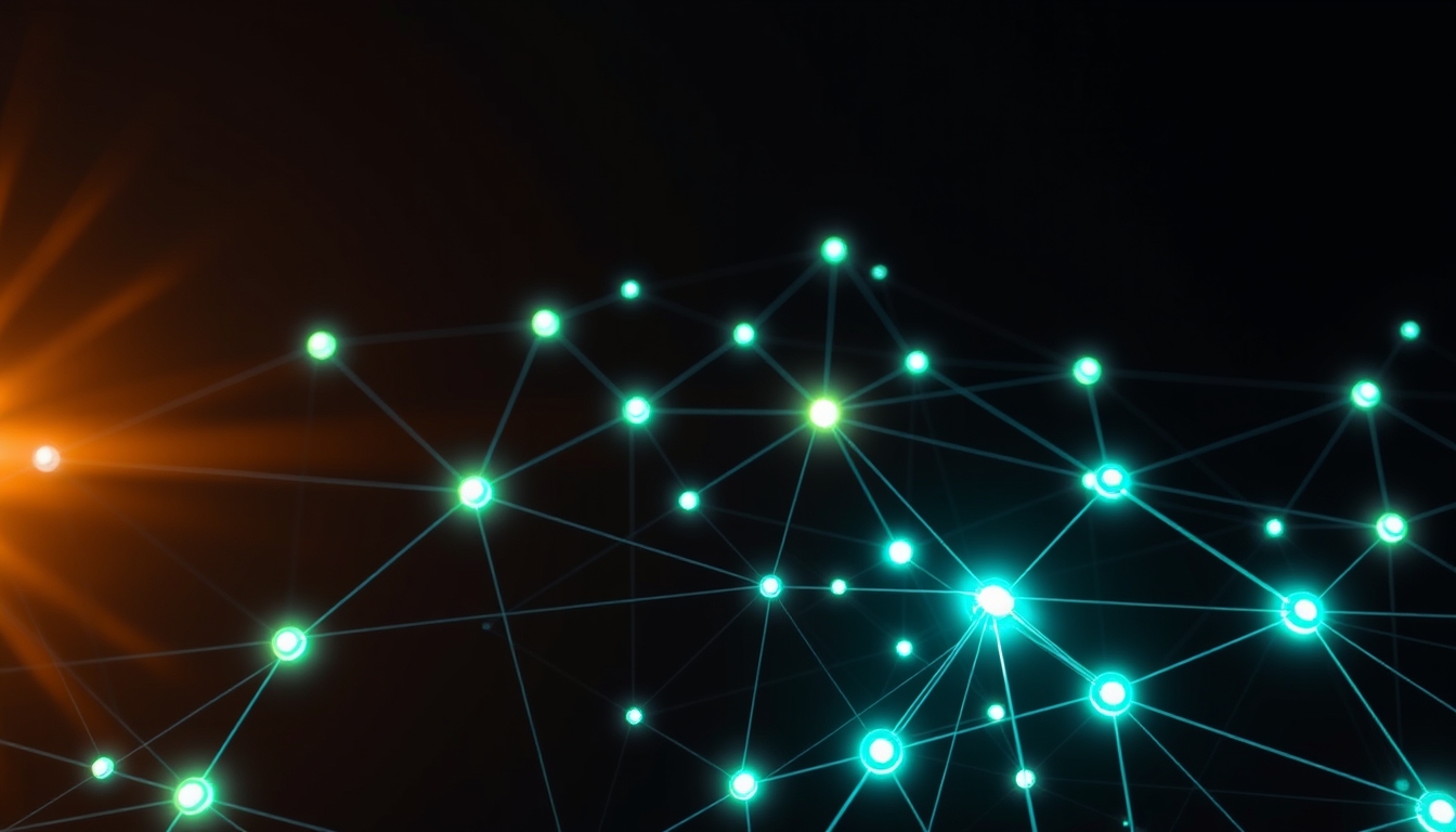 blockchain network visualization glowing nodes connected by lines on dark background in editorial style