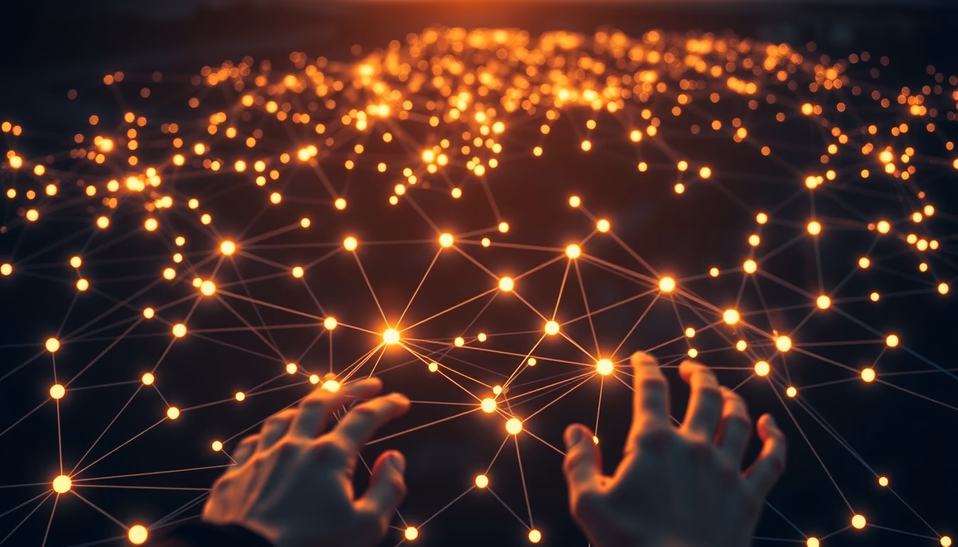 blockchain network visualization glowing nodes connected by lines on dark background in editorial style