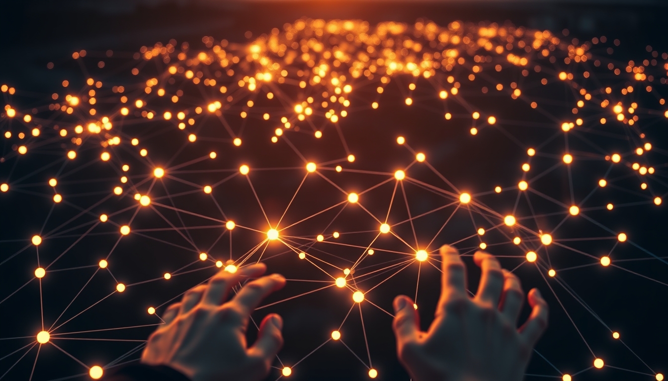 blockchain network visualization glowing nodes connected by lines on dark background in editorial style