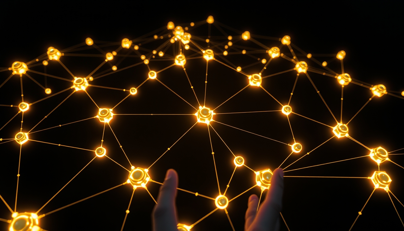 blockchain network visualization glowing nodes connected by lines on dark background in editorial style