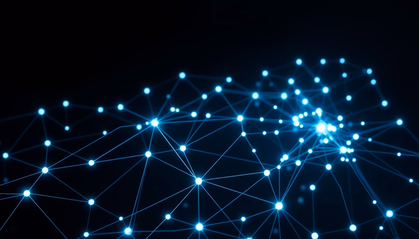 blockchain network visualization glowing nodes connected by lines on dark background in editorial style