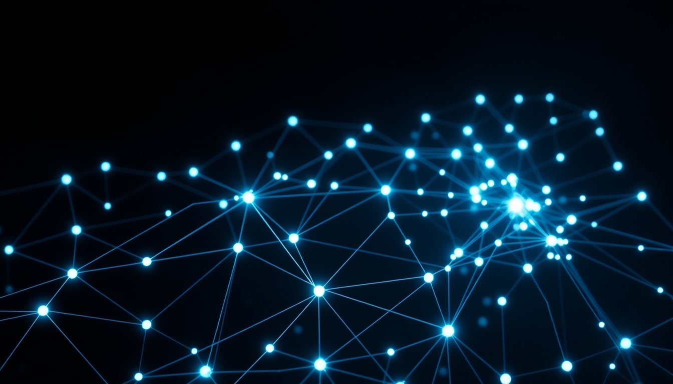 blockchain network visualization glowing nodes connected by lines on dark background in editorial style