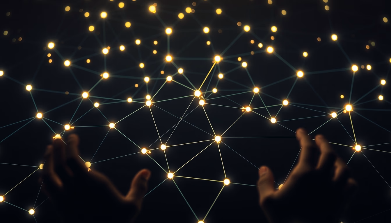 blockchain network visualization glowing nodes connected by lines on dark background in editorial style