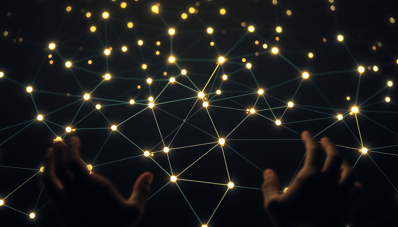 blockchain network visualization glowing nodes connected by lines on dark background in editorial style