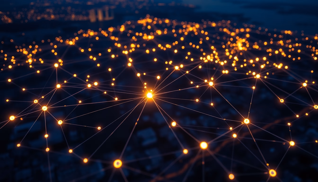 blockchain network visualization glowing nodes connected by lines on dark background in editorial style