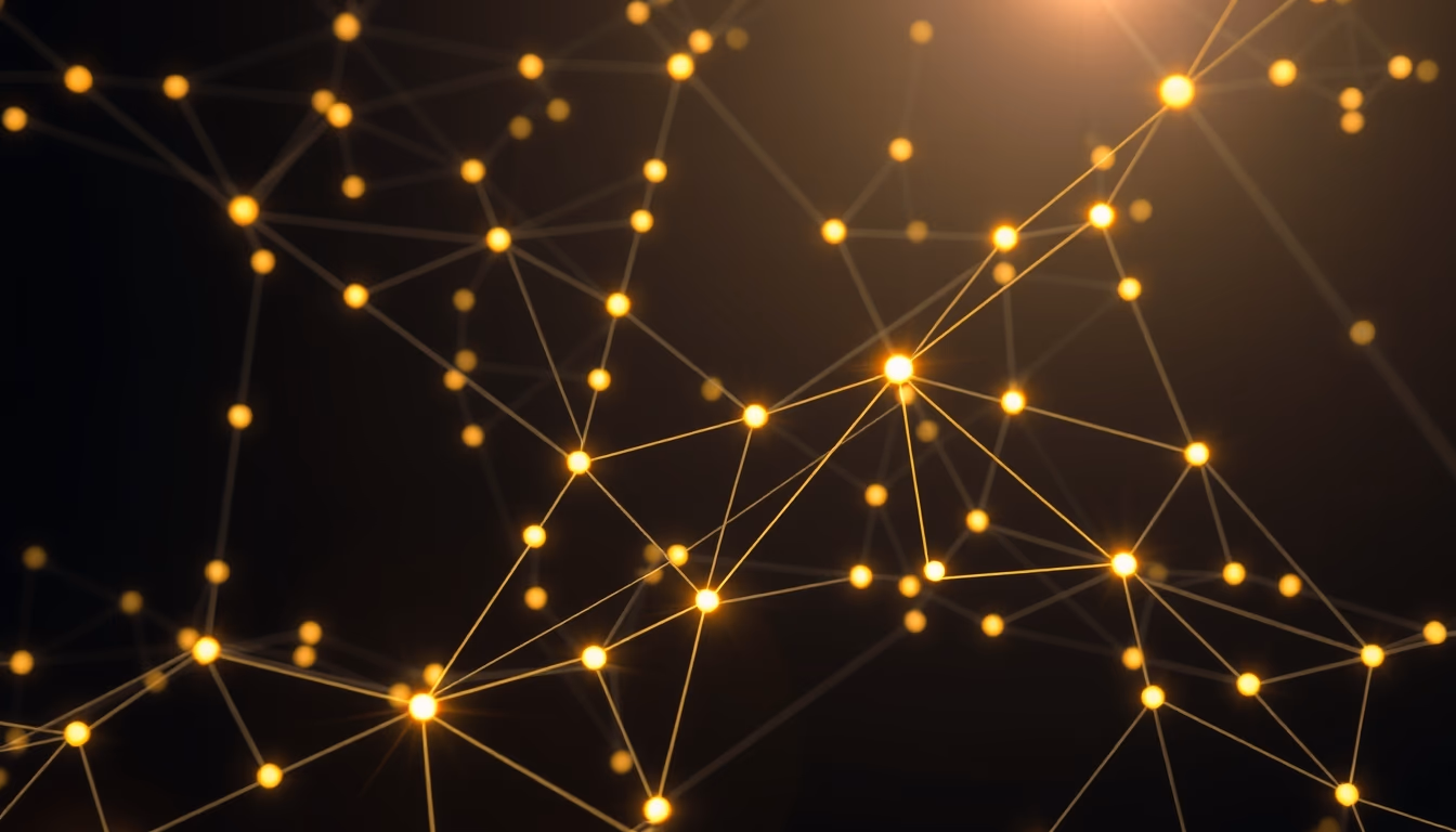 blockchain network visualization glowing nodes connected by lines on dark background in editorial style