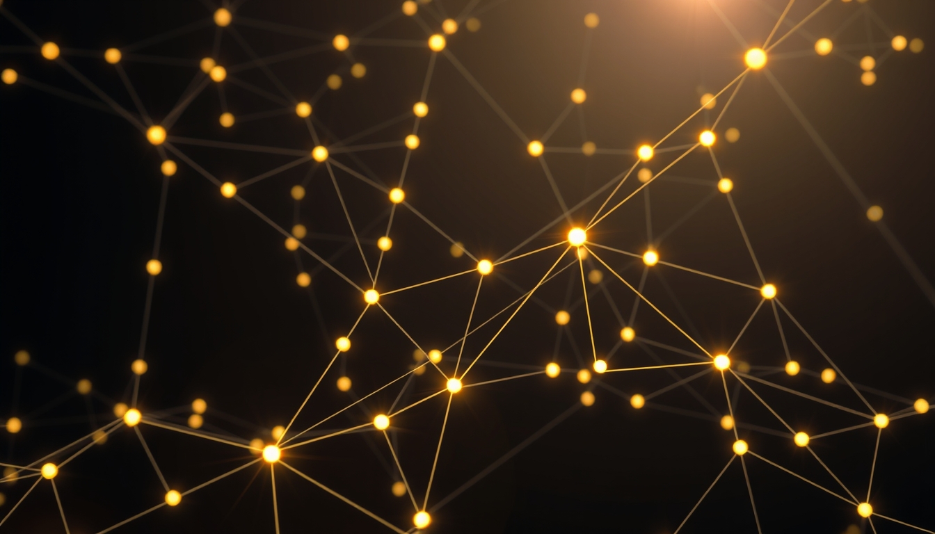 Visualização de rede blockchain nós brilhantes conectados por linhas em fundo escuro em estilo editorial