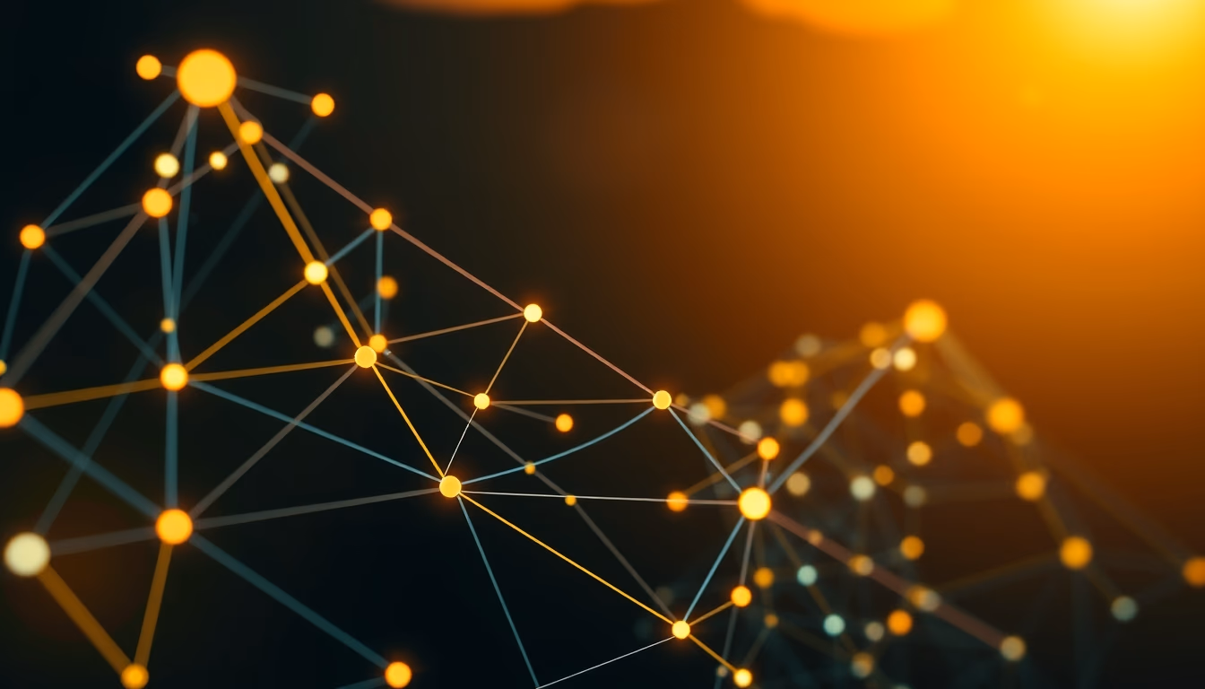 blockchain network visualization glowing nodes connected by lines on dark background in editorial style