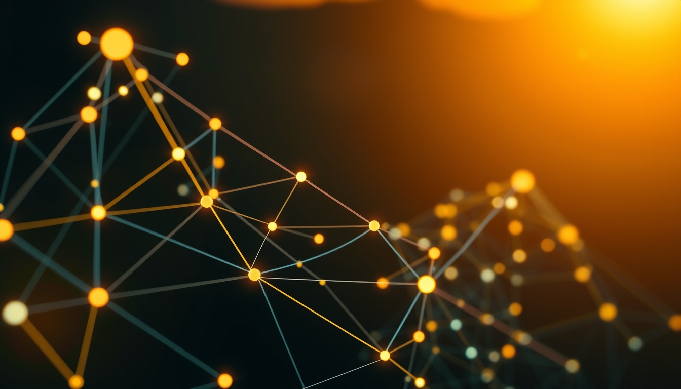 Visualização de rede blockchain nós brilhantes conectados por linhas em fundo escuro em estilo editorial