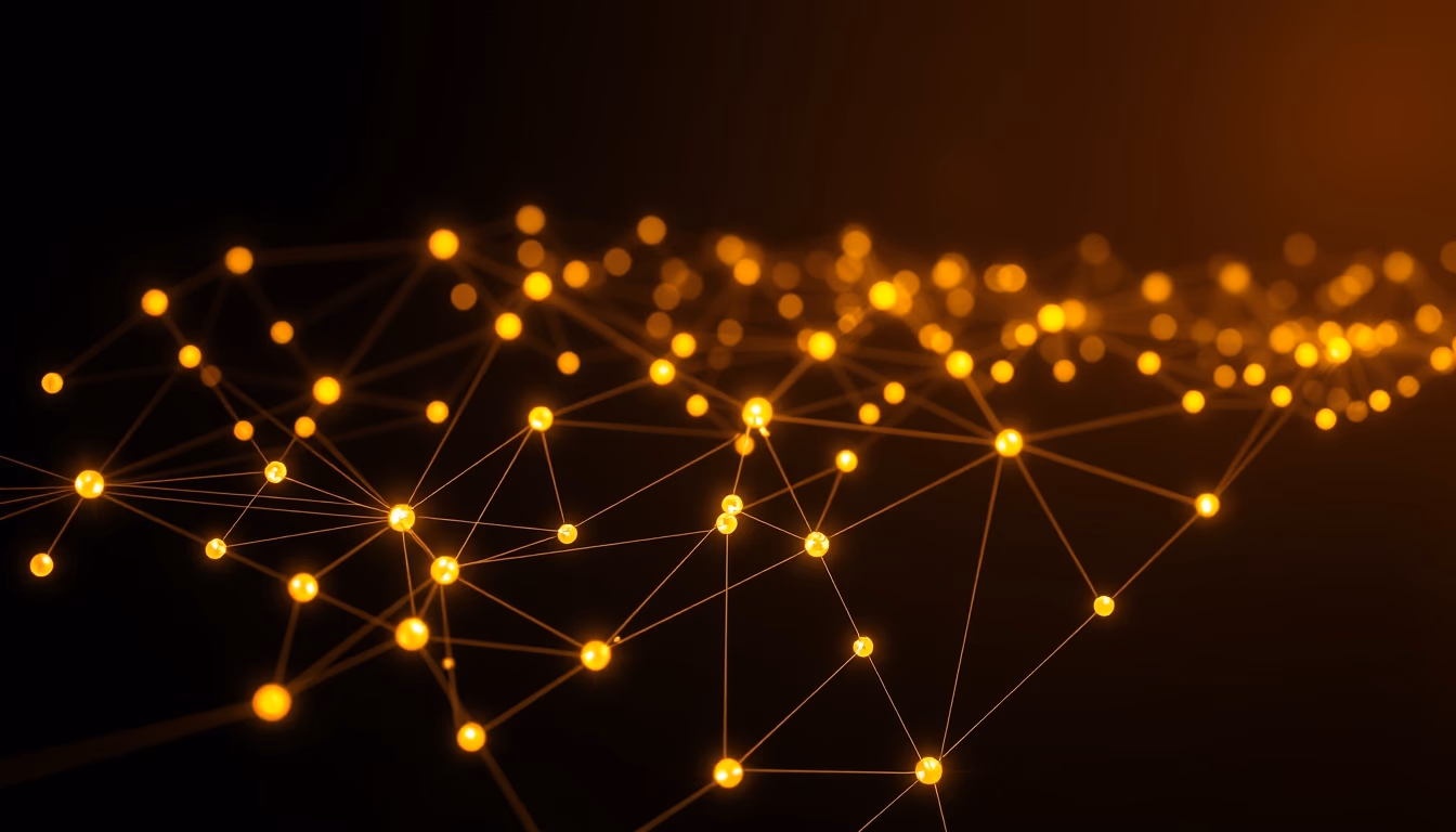 blockchain network visualization glowing nodes connected by lines on dark background in editorial style