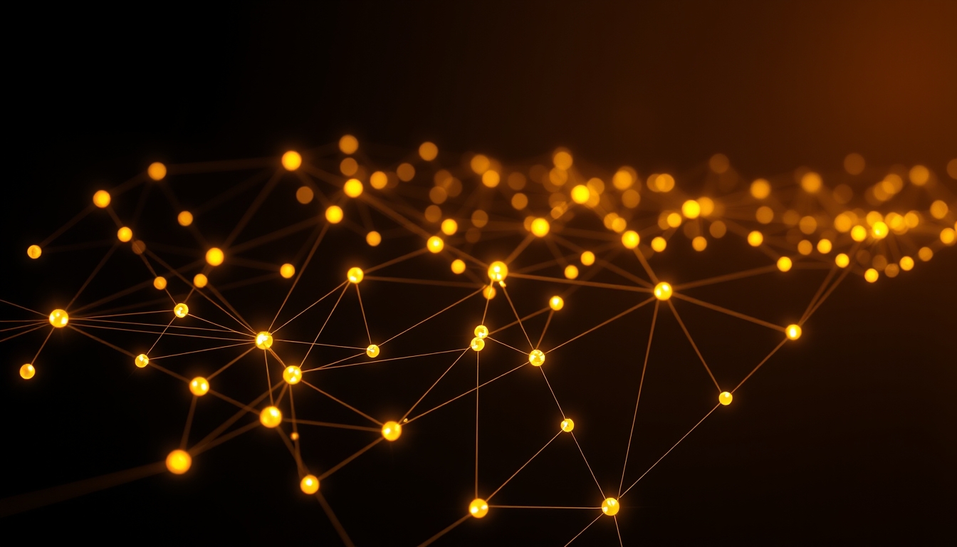 Visualização de rede blockchain nós brilhantes conectados por linhas em fundo escuro em estilo editorial