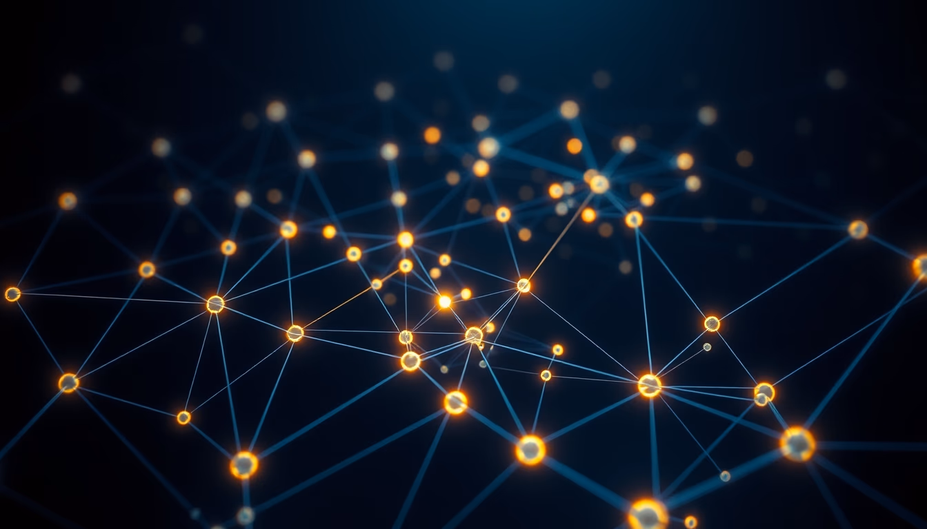 blockchain network visualization glowing nodes connected by lines on dark background in editorial style