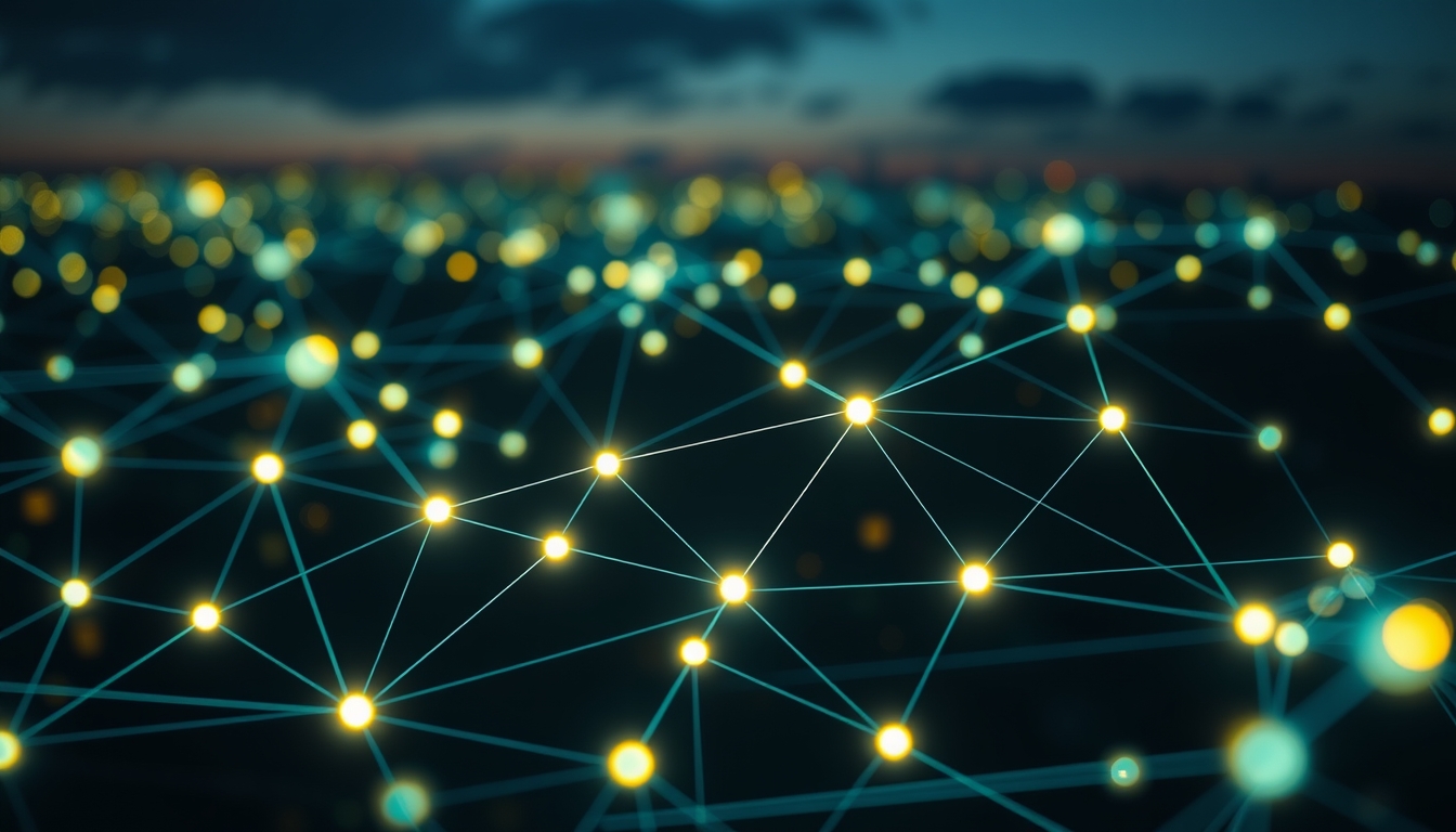 Visualização de rede blockchain nós brilhantes conectados por linhas em fundo escuro em estilo editorial