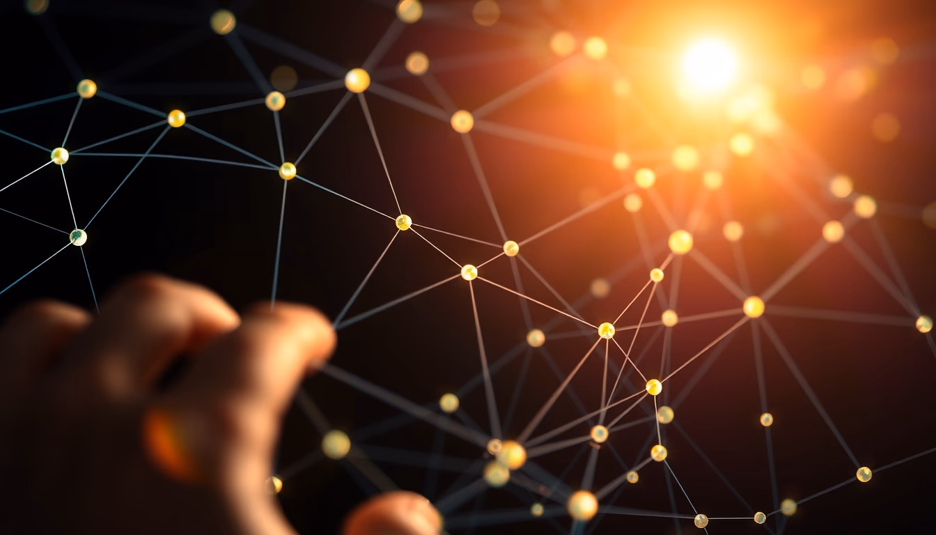 blockchain network visualization glowing nodes connected by lines on dark background in editorial style