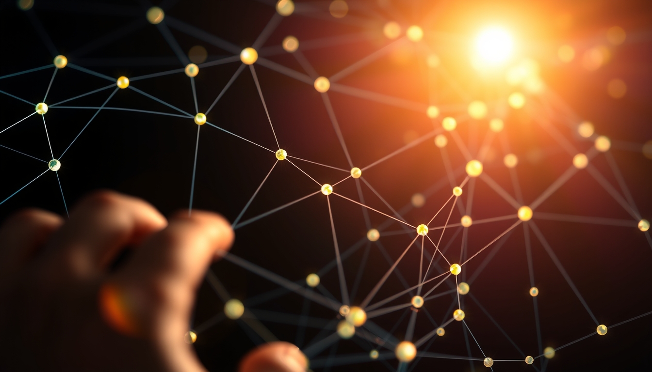 Visualização de rede blockchain nós brilhantes conectados por linhas em fundo escuro em estilo editorial