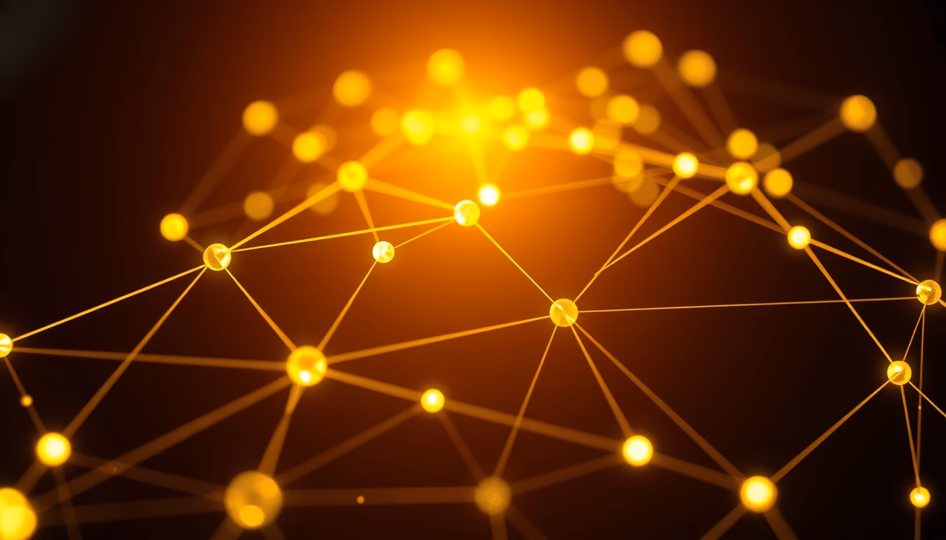 Visualização de rede blockchain nós brilhantes conectados por linhas em fundo escuro em estilo editorial