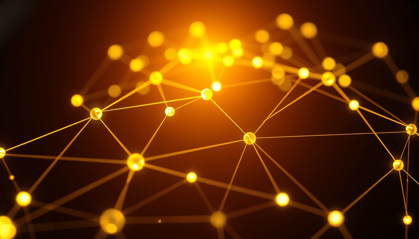 Visualização de rede blockchain nós brilhantes conectados por linhas em fundo escuro em estilo editorial