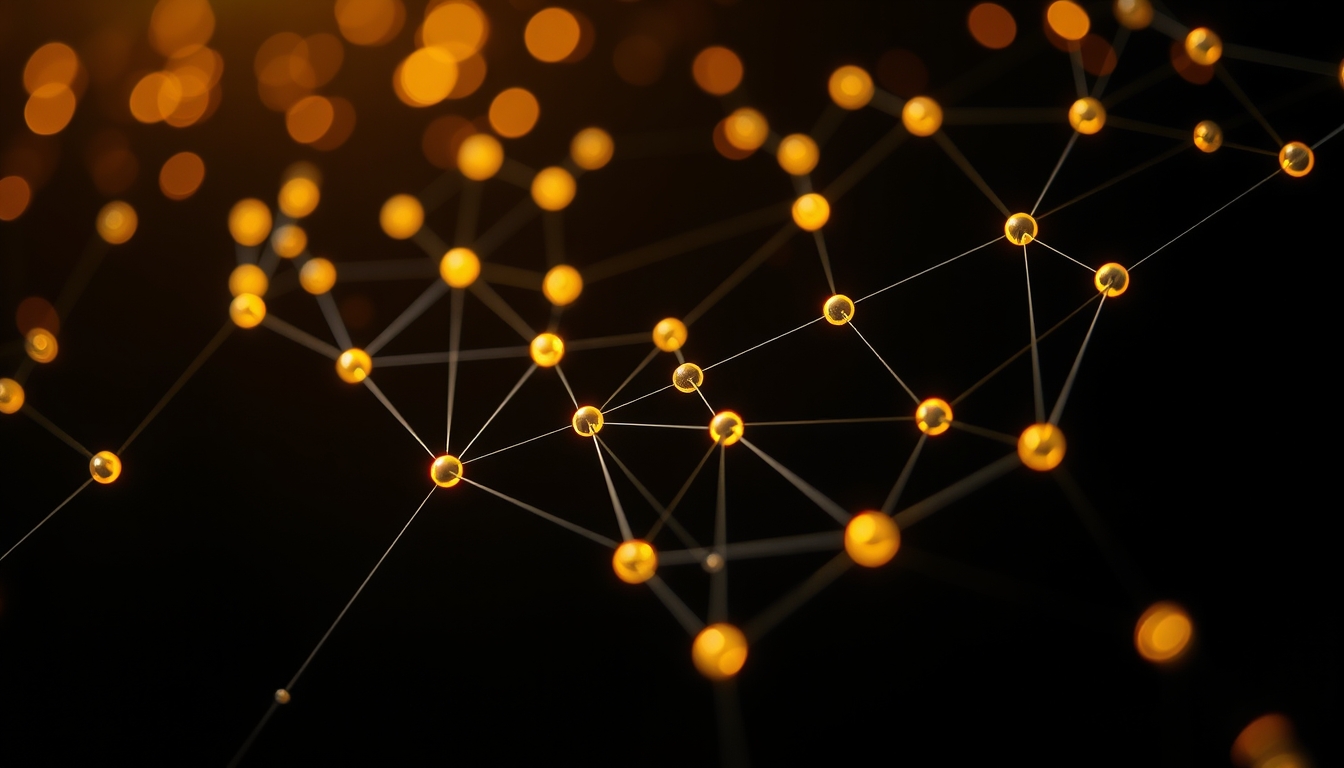 Visualização de rede blockchain nós brilhantes conectados por linhas em fundo escuro em estilo editorial