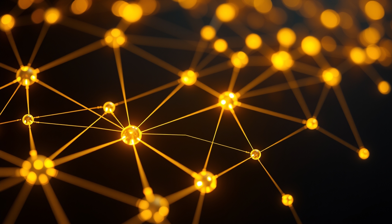 Visualização de rede blockchain nós brilhantes conectados por linhas em fundo escuro em estilo editorial