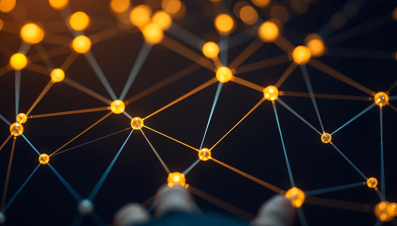 blockchain network visualization glowing nodes connected by lines on dark background in editorial style