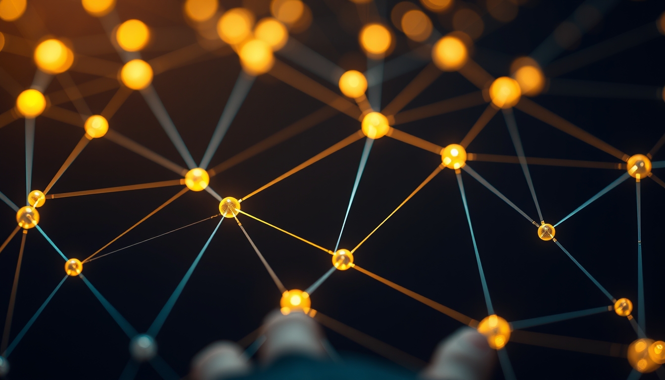 Visualização de rede blockchain nós brilhantes conectados por linhas em fundo escuro em estilo editorial