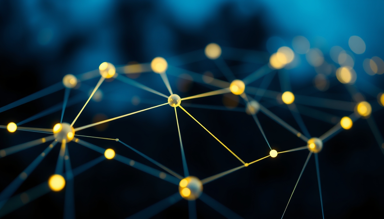 Visualização de rede blockchain nós brilhantes conectados por linhas em fundo escuro em estilo editorial