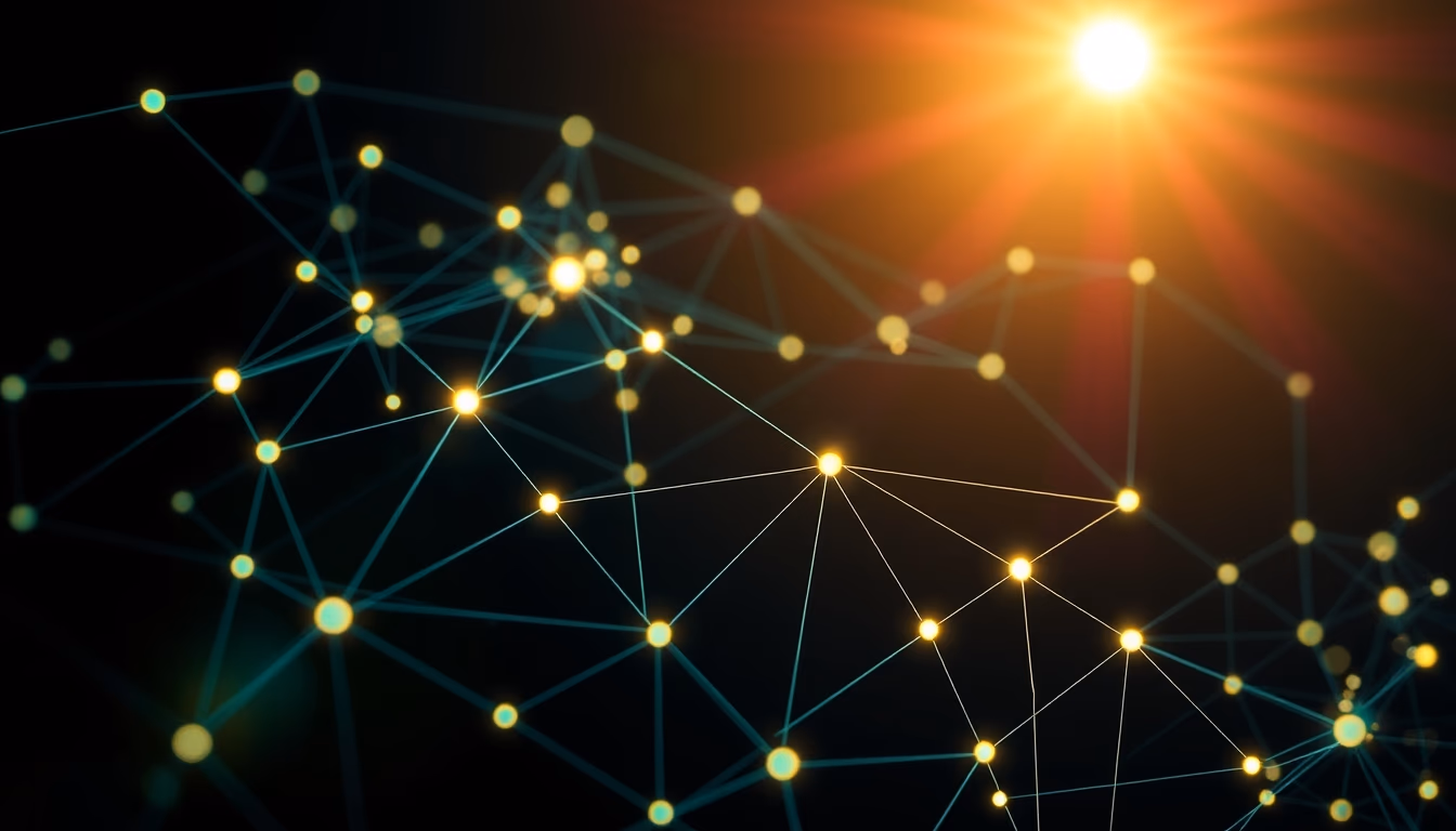 blockchain network visualization glowing nodes connected by lines on dark background in editorial style