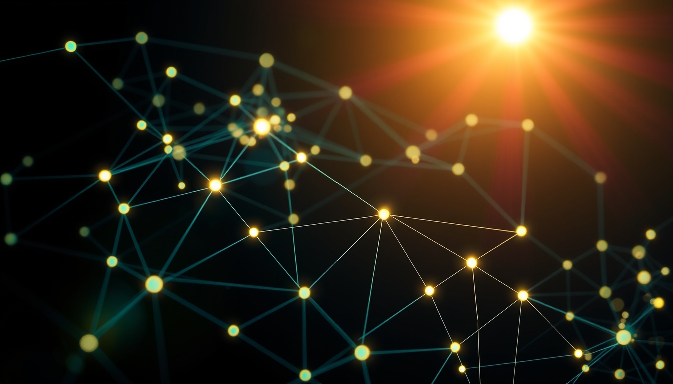 Visualização de rede blockchain nós brilhantes conectados por linhas em fundo escuro em estilo editorial