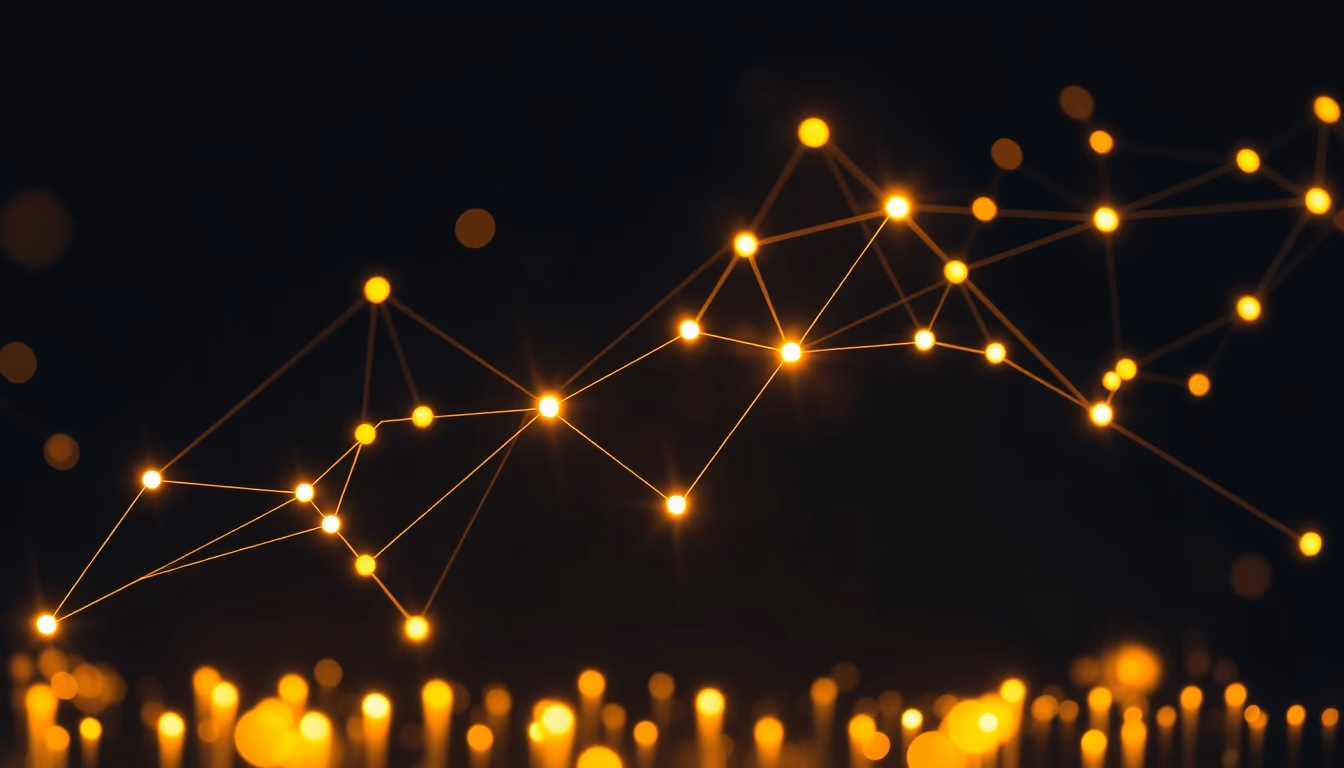 Visualização de rede blockchain nós brilhantes conectados por linhas em fundo escuro em estilo editorial
