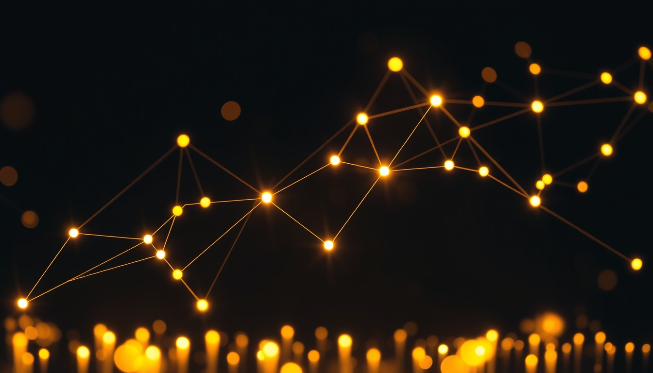 Visualização de rede blockchain nós brilhantes conectados por linhas em fundo escuro em estilo editorial
