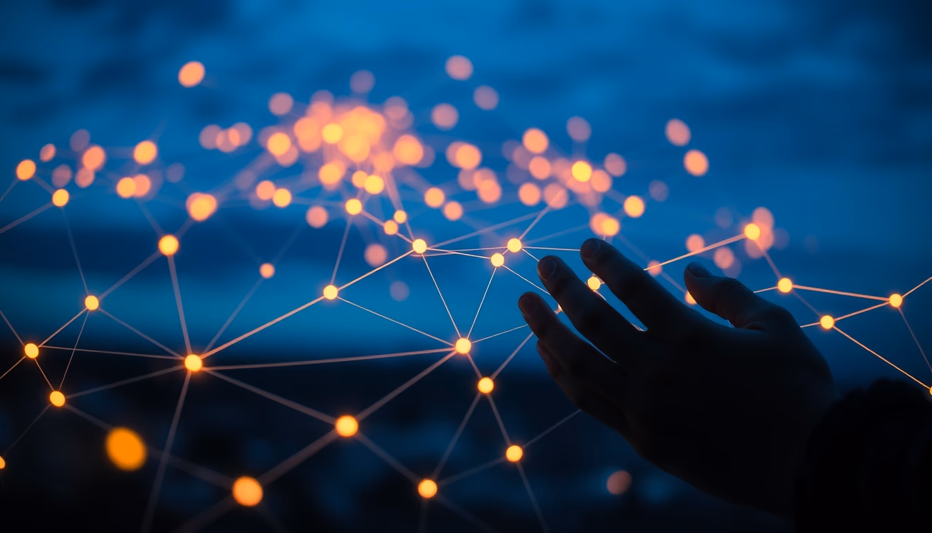 Visualização de rede blockchain nós brilhantes conectados por linhas em fundo escuro em estilo editorial